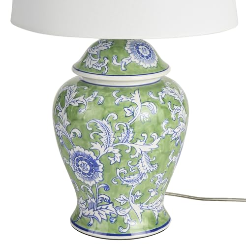 Nourison Home 24" Green & Blue Floral Ginger-Jar Ceramic Traditional Table Lamp for Living Room, Bedroom, Dining Room, Reading