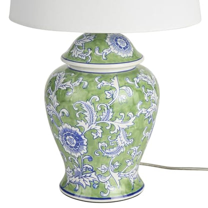 Nourison Home 24" Green & Blue Floral Ginger-Jar Ceramic Traditional Table Lamp for Living Room, Bedroom, Dining Room, Reading