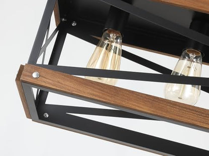 Rustic Farmhouse Plug in Kitchen Island Lighting, 6 Lights Rectangular Pendant Light Fixture with Adjustable Chain, Dimmable Switch, Oak Wood and Metal Linear Chandelier for Dining Room Home, Black - size: Large 6-Light Hanging Lamp