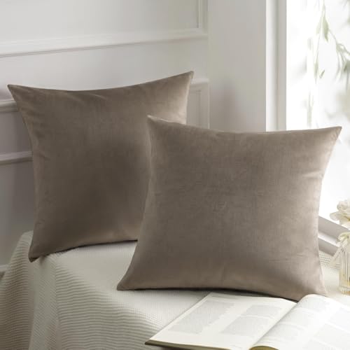 Phantoscope Pack of 2 Velvet Decorative Throw Pillow Covers Soft Solid Square Cushion Case for Couch Taupe 18 x 18 inches 45 x 45 cm - color: Taupe, size: 18" x 18" (Pack of 2)
