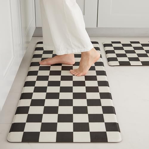 Ohocut Checkered Kitchen Mats for Floor Set of 2, 2 Pcs Black White Cushioned Non Slip Runner Rugs for Kitchen/Sink/Laundry, Comfort Aesthetic Cute Anti-Fatigue Foam Floor Mat 17.3"x29.5"+17.3"x47.2" - color: Black White