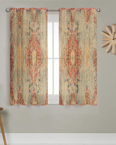 Geometric Boho Sheer Curtains 39 Inch Length 2 Panels Set, Grommet Kitchen Curtains Sheer Window Curtain for Living Room Bedroom Light & Airy Privacy Drapes Rustic Bohemian Floral Tribal Orange - size: 27.5"W x 39"L (Pack of 1)