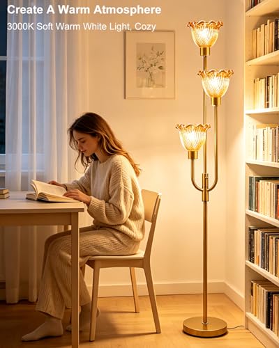 Glass Floor Lamp 66IN 3-Light Modern Amber Glass Gold Dimmable Floor Lamps - color: Amber Flower-Gold