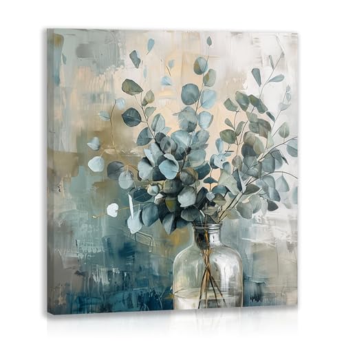 Framed Eucalyptus Leaf Wall Art, Sage Green Botanical Canvas Print, Rustic Farmhouse Bathroom Wall Decor, Soft Blue Floral Aesthetic Picture for Bedroom living Room 12x12 inch - color: Eucalyptus, size: 12"L x 12"W