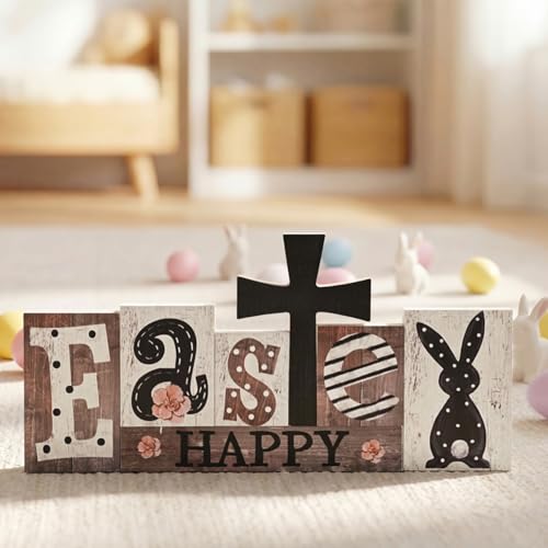 Smile 7Pcs Easter Decor Indoor Wooden Sign, Bunny Eggs Farmhouse Style Shelf Accents for Spring Holiday Home Decoration - style: Rustic Easter