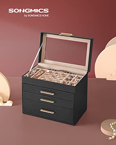 SONGMICS Jewelry Box Organizer, 4-Layer Storage with 3 Drawers, Glass Lid - color: Ink Black + Gold, size: 4 Layer (6"d X 9.9"w)