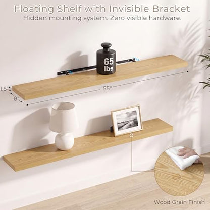 Vivelove Oak Floating Shelves 8 Inch Deep, 55 x 8 Inch, Set of 2 - color: Oak, size: 55"Wx8"Dx1.4"H
