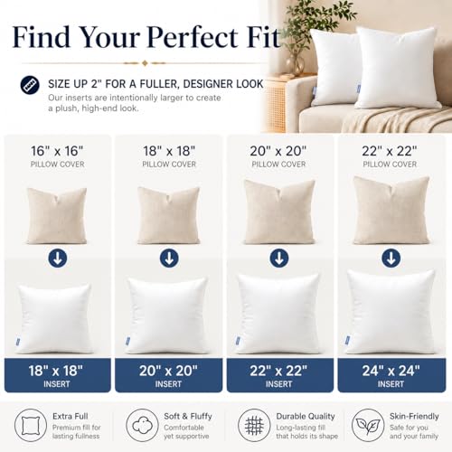Leeden 24x24 Throw Pillow Inserts Set of 2-100% Cotton Cover - size: 24x24 Inch
