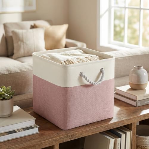 FinishingBo 11 inch Cube Storage Bin with Handles 6 Pack - color: White/Pink-6 Pack