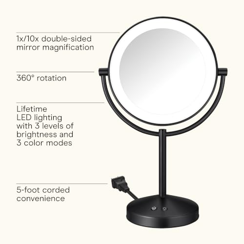 Conair LED Vanity Mirror, Double-Sided, 10x Maginification, Matte Black - color: Matte Black, size: 16"L x 10.3"W