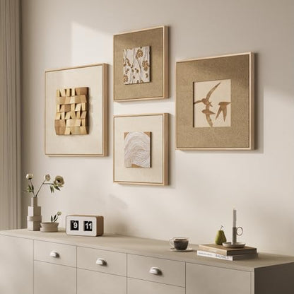 Large Framed 3D Textured Wood Wall Art 4 for Living Room, Neutral Set of 4 - color: Beige -A, size: 28x28" + (20x20") x2ps +24x24"