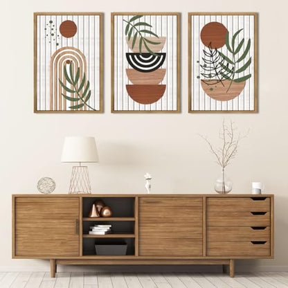 DRACIT Large Boho Mid Century Wooden Framed Canvas Wall Art Set-16"x24"×3 - color: 3D Boho Mid Century Wooden Decor