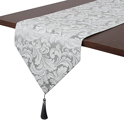 EHouseHome Jacquard Damask Reversible Silver Grey Table Runners with Tassels 13 x 72 inch Wrinkle and Water Resistant Spill-Proof Decorative Dining and Wedding Runners - color: Silver Grey With Tassels