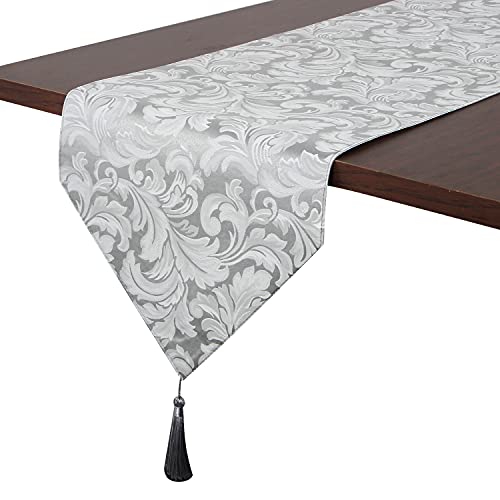 EHouseHome Jacquard Damask Reversible Silver Grey Table Runners with Tassels 13 x 72 inch Wrinkle and Water Resistant Spill-Proof Decorative Dining and Wedding Runners - color: Silver Grey With Tassels