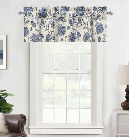 DriftAway Freda Jacobean Floral Linen Blend Blackout Thermal Insulated Energy Saving Privacy Window Linen Curtain Valance Rod Pocket 2 Layers Single 52 Inch by 14 Inch Plus 2 Inch Header Navy Beige - color: Navy, size: 52"W x 14"L (Pack of 1)