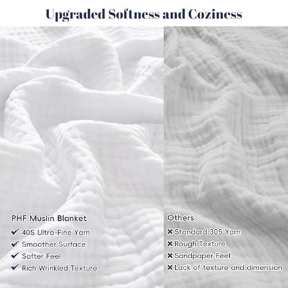 PHF 100% Cotton Muslin Blanket for Adults, Throw 50"X60", White - color: 01 - White, size: Throw(50"X60")