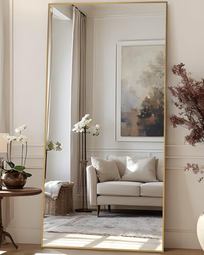 Full Length Mirror, 83"x44" Floor Mirror Freestanding, Oversized Floor Standing Full Body Mirror with Stand for Bedroom, Hanging Mounted for Living Room Cloakroom, Gold, Rect - color: Gold, size: 83"L x 44"W, style: Rect Style