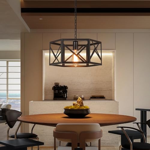 Rustic Farmhouse Plug in Pendant Light Fixture with Adjustable Chain, Dimmable Switch, 14.5 inch Modern Industrial Metal Cage Hanging Lamp for Kitchen Island Dining Room Farmhouse Home, Black - size: Medium hanging lamp