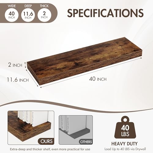 Acovy 40 Inch Floating Shelves, 12" Deep Floating Shelf Wall Mounted, 40" Wall Shelves, Rustic Deep Bookshelf, Extra Deeper & Thicker Display Shelves for Bedroom, Living Room, Brown, Set of 2 - color: Brown, size: 12"Wx40"L-2pcs