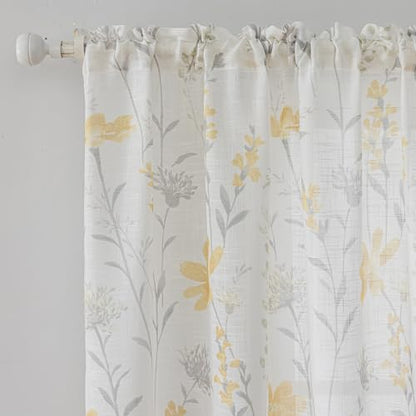 SUOUO Yellow Floral Semi-Sheer Curtains 96 Inches 2 Panels Rod Pocket - color: Yellow-grey, size: 52"W x 96"L (Pack of 2)
