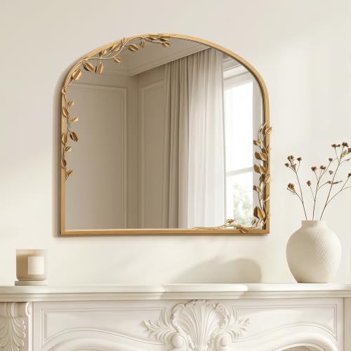 Besdomus Arched Wall Decorative Mirror: 32"x30" Ornate Brass Gold Mirror - size: 32"L x 30"W