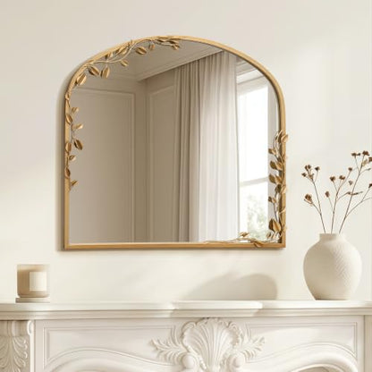 Besdomus Arched Wall Decorative Mirror: 32"x30" Ornate Brass Gold Mirror - size: 32"L x 30"W