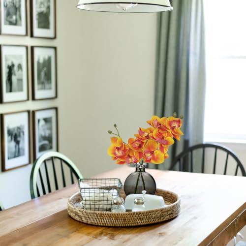 Yellow Orchids Artificial Flowers Faux Orchid Arrangement with Glass Vase - color: Orangey Yellow/Black Vase