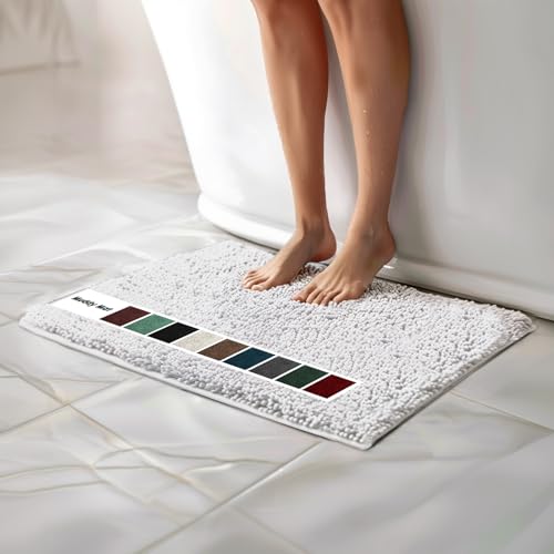 Muddy Mat® | Chenille Bathroom Rugs Quick Dry Microfiber Mats Non Slip Washable, Extra Thick, Soft and Highly Absorbent Bath Mats for Bathroom, Kitchen, and Shower Floor - White 18"x28" - color: White, size: 18" x 28"