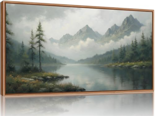 SIGNINART Large Green Forest Framed Canvas Wall Art, Misty Mountain Lake Wall Decor, Modern Foggy Wood Landscape Artwork, Nature Oil Painting Art Print for Living Room, Bedroom, Office 20"x40" - color: Green, size: 40"L x 20"W