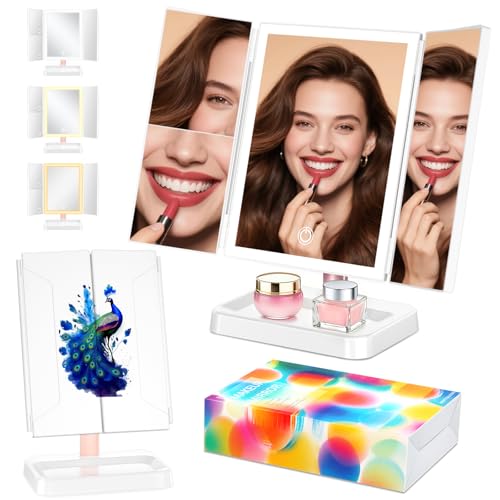 BERTHALESS Peacock Print Tabletop Rechargeable Lighted Vanity Mirror - color: Blue Peacock C & Rechargeable