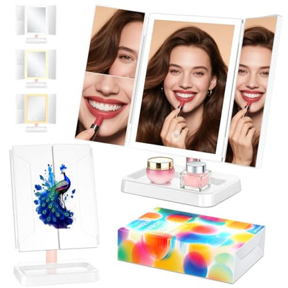 BERTHALESS Peacock Print Tabletop Rechargeable Lighted Vanity Mirror - color: Blue Peacock C & Rechargeable