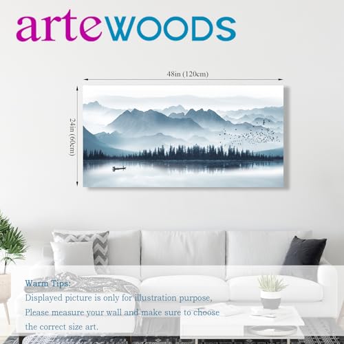 Indigo Mountain Framed Canvas Wall Art Foggy Lake Boat Pictures, 24"x48" - color: Indigo Mountain Lake, size: 48"L x 24"W