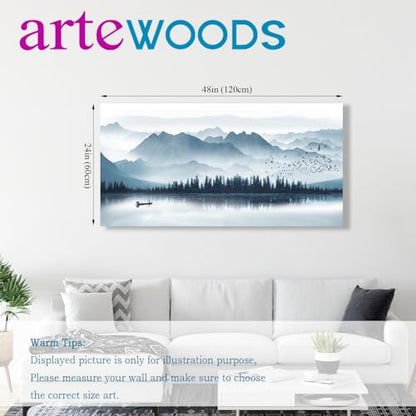 Indigo Mountain Framed Canvas Wall Art Foggy Lake Boat Pictures, 24"x48" - color: Indigo Mountain Lake, size: 48"L x 24"W