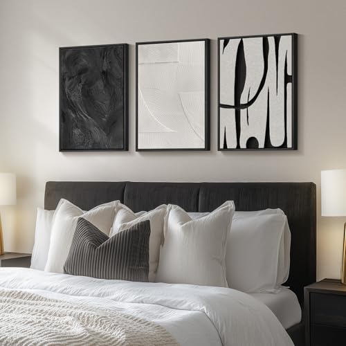 Framed Black and White Modern Abstract Wall Art set, 3 Piece Canvas Prints - color: Black and White Dialogue, size: 16" W x 24" H x 3Pcs