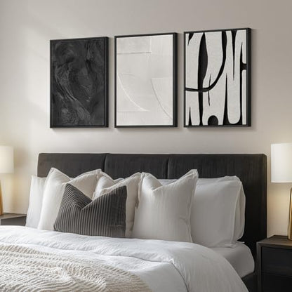Framed Black and White Modern Abstract Wall Art set, 3 Piece Canvas Prints - color: Black and White Dialogue, size: 16" W x 24" H x 3Pcs