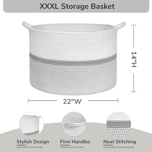 CHICVITA 85L Large Cotton Rope Blanket Basket with Handles, Grey - color: Gray