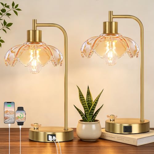 Glass Table Lamps Set of 2, Champagne Dimmable Bedside Lamps for Bedroom - color: Gold&‎Champagne-2