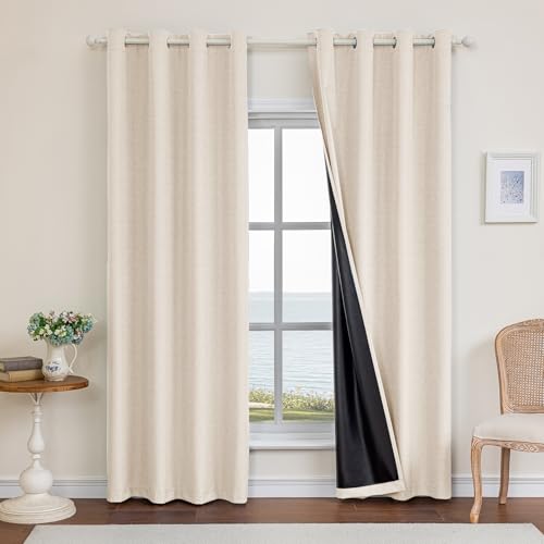 Faux Linen 100% Blackout Curtains, 42" W x 84" L (2 Panels) - color: Beige, size: 42"W x 84"L (Pack of 2)