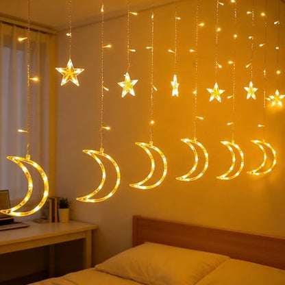 Dazzle Bright Ramadan Curtain String Lights, 138 LED 8.2 FT Warm White Star Moon Window Lights with Timer and 8 Lighting Modes, Waterproof Ramadan Decorations for Bedroom Wall Wedding Outdoor Party - size: Star Moon