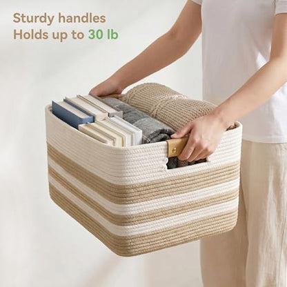 Nunsino 75L Blanket Basket with Leather Handles,Laundry Basket,Brown White - color: Brown White, size: 75L