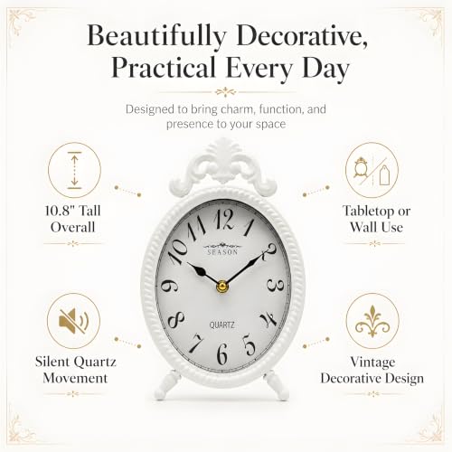 French Style White Table Clock, 10.8-Inch Silent Mantel & Wall Clock - color: White