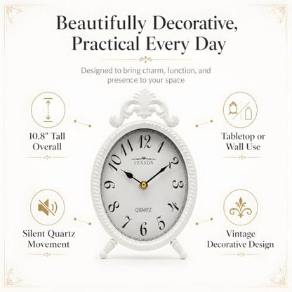 French Style White Table Clock, 10.8-Inch Silent Mantel & Wall Clock - color: White