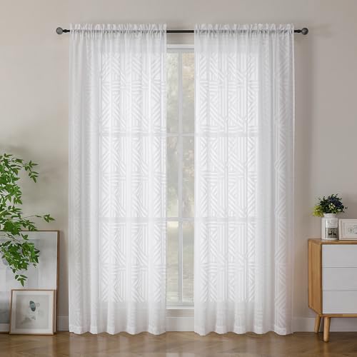 Simplebrand Semi Sheer White Curtains 84 Inches Long 2 Panels, Light Filtering Geometric Jacquard Clip Textured Sheer Curtains for Bedroom，Modern Elegant Window Curtains Drapes, 52x84 inch - color: White, size: 52"W x 84"L (Pack of 2)