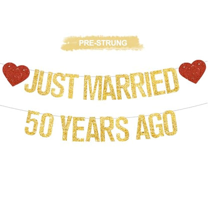 Gold Glitter Just Married 50 Years Ago Banner,NO DIY,Pre-Strung 50th Wedding Anniversary Party Decorations 50 Years Blessed & Loved Garland Sign We Still Do 50th Party Supplies - color: 50gold