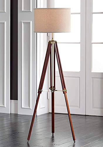 Surveyor Modern Tripod Floor Lamp Cherry Wood Beige Linen Drum Shade For Living Room Reading Bedroom Office Brown
