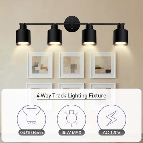4-Light Led Track Lighting,Black Ceiling Lighting Fixtures,Wall Sconces Ceiling Spotlight with Foldable Light Arms for Kitchen, Closet, Bedroom,GU10 Socket, Bulbs Not Included - color: 4 light Black