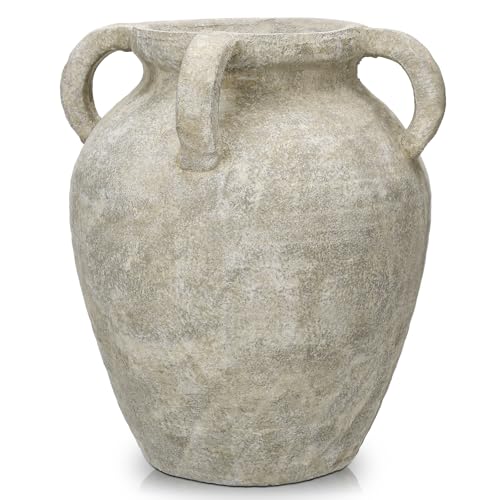 Handmade Flower Vase, 12" Tall Terracotta Vase, Green Vintage Ceramic vase, Rustic Antique Decor with 3 Handles, Wide Mouth, Matte Finish for Home Office Resto Café Décor - color: Green With Handles 12"