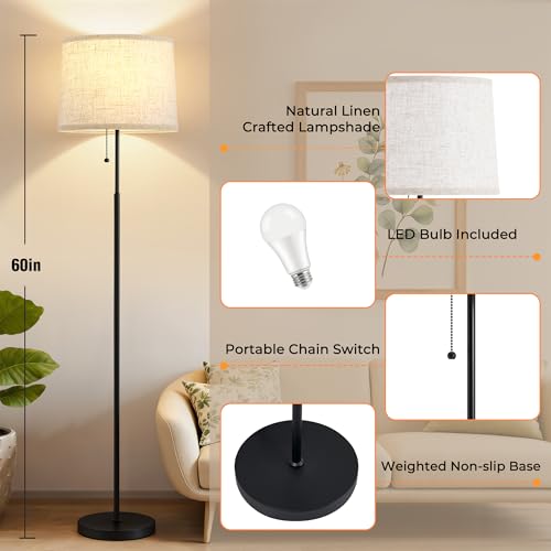 Floor Lamps for Living Room & Bedroom, 60" Modern Tall Standing Lamp, 3CCT - color: Linen T-Shades+Black Pole