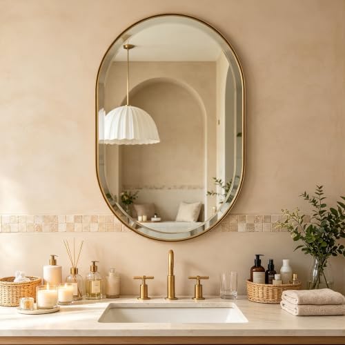 POZINO 36"x24" Brushed Gold Oblong Beveled Bathroom Mirror for Over Sink - color: Gold Oval, size: 36"L x 24"W