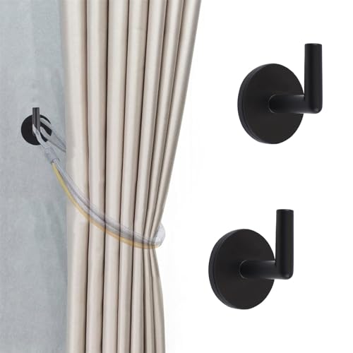 INCREWAY Curtain Holdbacks, 2PCS Self Adhesive Wall Mounted Drapery Tieback Holders Non-Trace Stick Metal Wall Hook Storage Holder Curtain Hooks Hanger for Home Decor, Black - color: Black, size: 2pcs